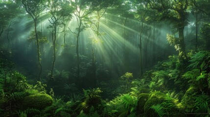 Sunbeams piercing through the mist in a lush, green forest, creating an ethereal and tranquil scene suitable for a calming wallpaper or nature-themed design. - obrazy, fototapety, plakaty