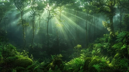Fototapeten Sunbeams piercing through the mist in a lush, green forest, creating an ethereal and tranquil scene suitable for a calming wallpaper or nature-themed design. © Jonas