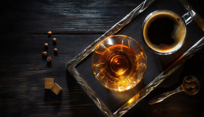 Glass of whiskey and coffee  on wooden table.