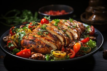 Grilled chicken breast. Baked and grilled chicken breast with lettuce salad, tomat, generative IA - obrazy, fototapety, plakaty