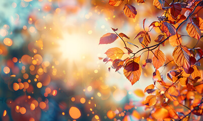 Autumn leaves with sunlight particles shining around, Yellow and Red Leaves, Generative AI - obrazy, fototapety, plakaty