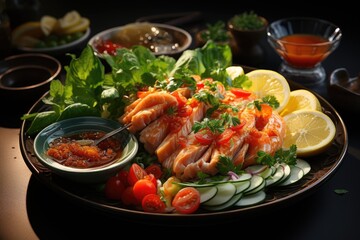 Seafood salad plate with sauce. Modern presentation. Restaurant food., generative IA