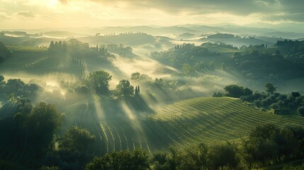 Misty morning over lush, rolling hills with sun rays piercing through, highlighting rows of trees and vineyards, evoking a serene, tranquil atmosphere.