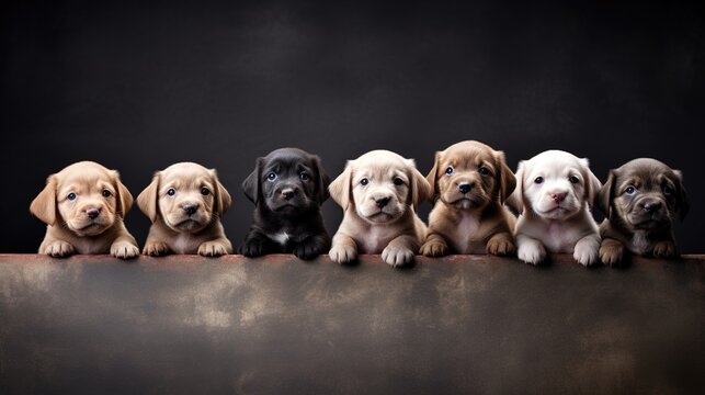 Litter Puppies in studio, portrait of cute puppy litter in a row on dark background, pets,dogs concept, adorable dog copy space