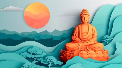 Poster head of buddha statue. Greeting Card, Banner,  Image For Website, Desktop Wallpaper, Frame, Blank. Invitation. © Halyna