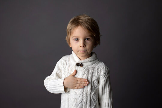 Cute little toddler boy, showing PLEASE gesture in sign language on gray background, isolated image, child showing hand sings