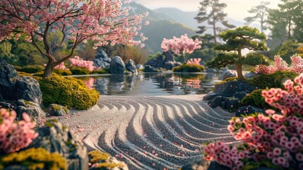 Serene Japanese zen garden with cherry blossoms and raked sand patterns, reflecting the peaceful atmosphere suitable for meditation, tourism, or cultural themes. - obrazy, fototapety, plakaty