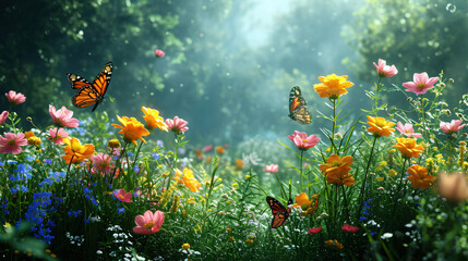 Fototapeta na wymiar A peaceful garden scene with butterflies fluttering.