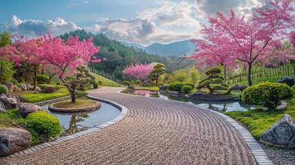 A picturesque Japanese-style garden featuring a pebbled path lined by pink cherry blossoms,...