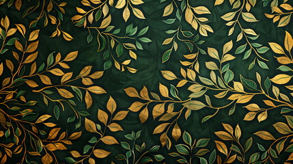seamless  green and gold leaf pattern on a black background, leaves, trees, tree branches