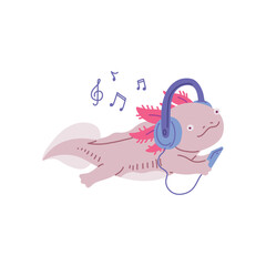 Cute Axolotl with headphones and audio player, vector little amphibian reptile listening music, marine friendly monster
