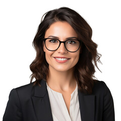 Portrait of a smiling happy businesswoman wearing glasses, isolated on transparent background