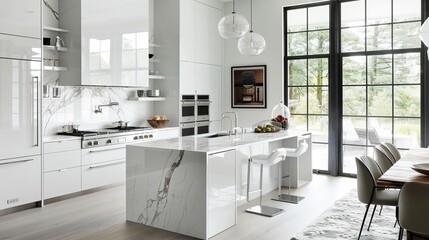 Minimalist white kitchen, where sleek cabinetry and white accents