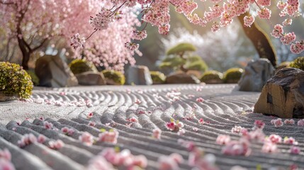 Tranquil Japanese zen garden with raked sand, scattered cherry blossoms, and soft sunlight creating a serene atmosphere for relaxation or meditation. - obrazy, fototapety, plakaty