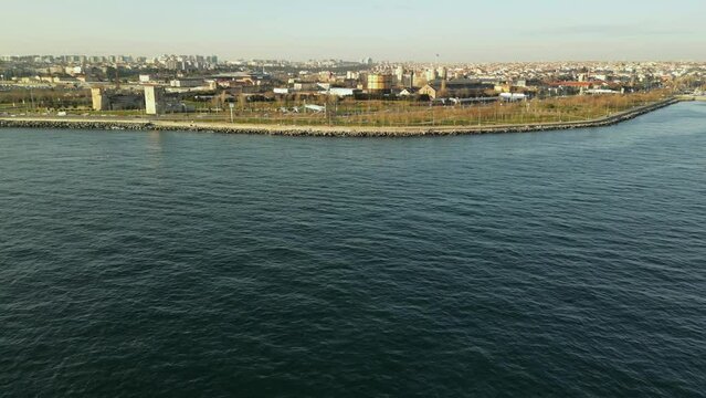 Aerial footage of drone flying towards coast of istanbul stock video