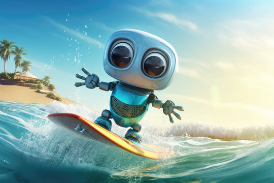 cute robot on surfboard surf a wave on tropical beach in summer illustration