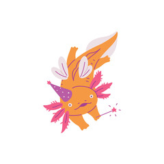 Fototapeta premium Funny orange axolotl with wings, holiday hat and magic wand
