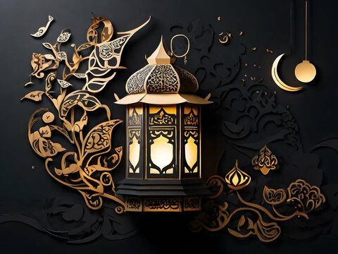 Beautiful arabic lantern in papercut style on dark background