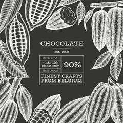 Cocoa design template. Chocolate cocoa beans background. Vector hand drawn illustration on chalk board. Vintage style illustration. - 745863827