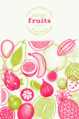 Tropical Fruit Design Template. Vector Hand Drawn Exotic Fruit Banner. Vintage Style Menu Illustration.