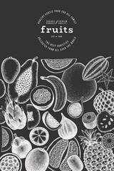 Tropical Fruit Design Template. Vector Hand Drawn Exotic Fruit Chalk Board llustration. Vintage Style Menu Illustration. - 745863866