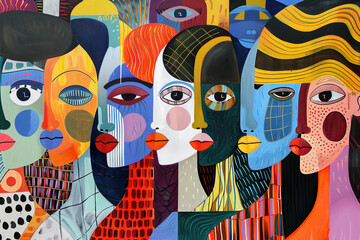 Vibrant Tapestry of Abstract Faces in Bold Graphic Style