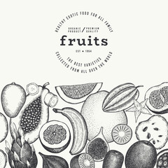 Tropical Fruit Design Template. Vector Hand Drawn Exotic Fruit Banner. Vintage Style Menu Illustration. - 745863873