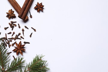 Different spices and fir branches on white table, flat lay. Space for text