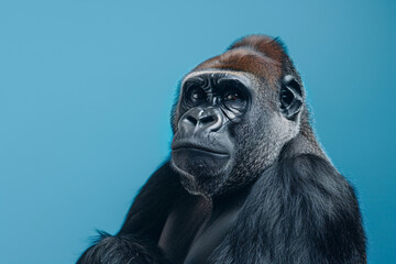 Obraz premium Gorilla with soulful eyes against a calm blue background