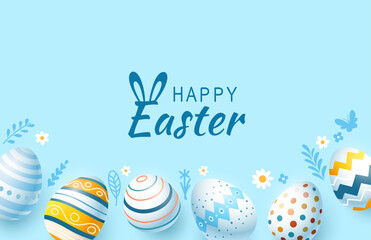 Easter holiday, hare with a basket of Easter eggs, Easter bunny and eggs. Vector illustration