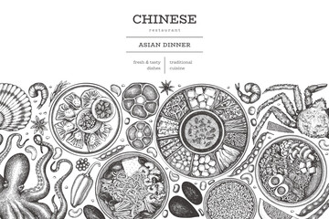 Chinese Cuisine Design Template. Vector Hand Drawn Asian Food Banner. Vintage Style Menu Illustration. - 745864086
