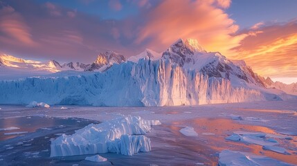 A breathtaking frozen landscape with a glacier under an orange and pink sunset, creating a serene, majestic atmosphere.