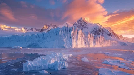 Photo sur Plexiglas Lavende A breathtaking frozen landscape with a glacier under an orange and pink sunset, creating a serene, majestic atmosphere.