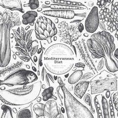 Mediterranean Cuisine Design Template. Vector Hand Drawn Healthy Food Banner. Vintage Style Menu Illustration. - 745864251