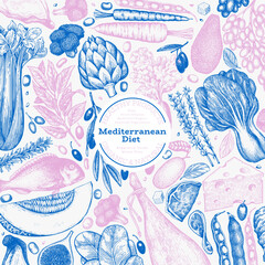 Mediterranean Cuisine Design Template. Vector Hand Drawn Healthy Food Banner. Vintage Style Menu Illustration. - 745864252