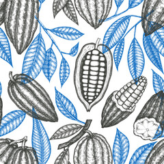 Cocoa Banner Vector Seamless Pattern. Chocolate Retro Cocoa Beans Background. Vintage Style Hand Drawn Illustration. - 745864255