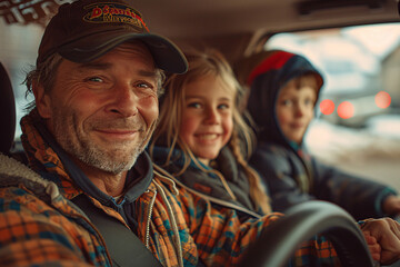 Smiling man driving with two kids in a warm-toned car interior