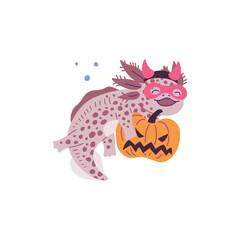 Axolotl with pumpkin for Halloween card cartoon vector illustration isolated.