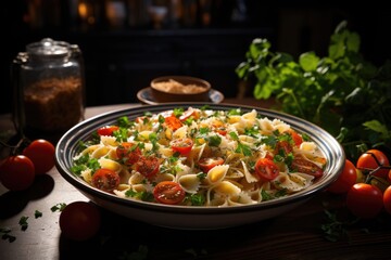 Farfalle colored pasta salad with tomatoes, mozzarella and basil., generative IA
