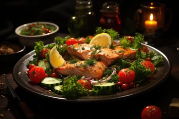 Salmon salad with cucumber, cherry tomatoes, lettuce and olive, generative IA