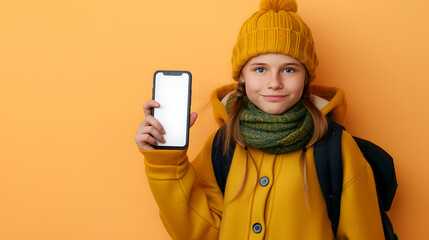 Smiling child in yellow winter gear confidently displaying a smartphone screen, perfect for app presentations.
