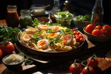 Wooden board surrounded by pasta and ingredient dishes on the table, generative IA