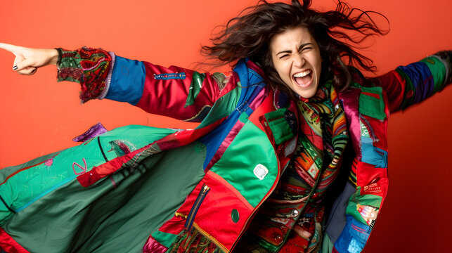 Joyful young woman with flowing hair jumping in excitement, wearing a bright, multicolored patchwork coat against a red background.
