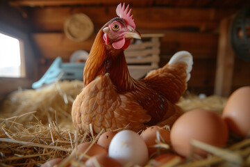 A chicken lying on a hay next to eggs. Sustainable and eco conscience household. 