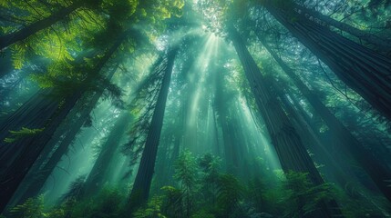 Sunlight filters through a misty, dense forest, casting rays of light onto the towering green...
