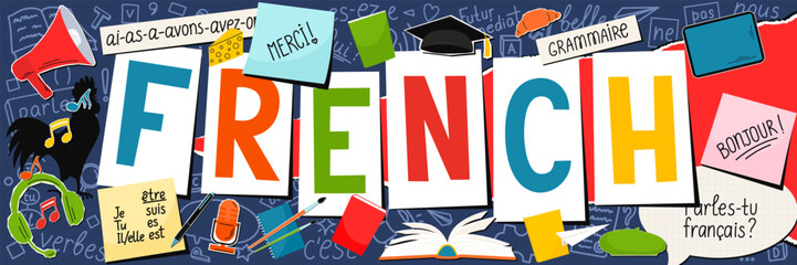 French language concept.  Translation: thank you  Good morning  grammar  Do you speak French  I am  You are  He/she is  have.  © N.Savranska