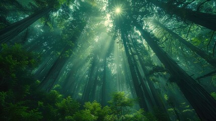 Sun rays piercing through a misty forest full of tall, green trees, creating a serene and tranquil atmosphere suitable for nature-related themes.