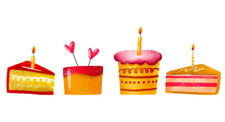 Set of birthday and valentine's day cakes with candles. Sweet dip and desserts. Set for children's birthday. Children's hand drawn illustration on isolated background