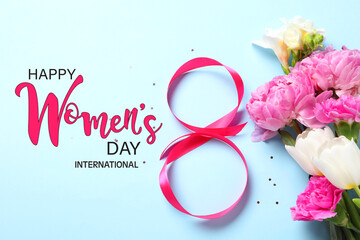 8 March - Happy International Women's Day. Greeting card design with bouquet of flowers and ribbon...
