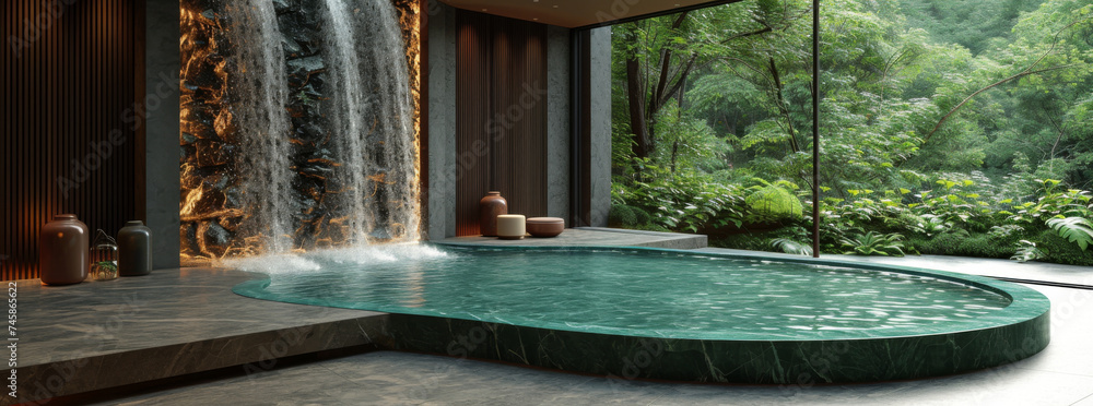Poster stunning indoor pool area with waterfall feature surrounded by lush greenery in a modern architectur